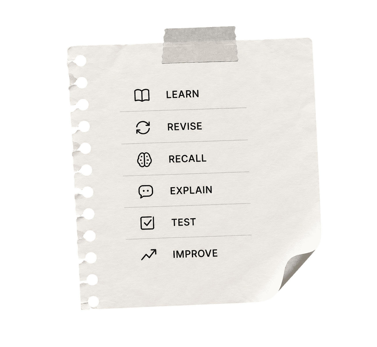 A study note showing the PrepLoom loop: learn, revise, recall, explain, test, and improve.