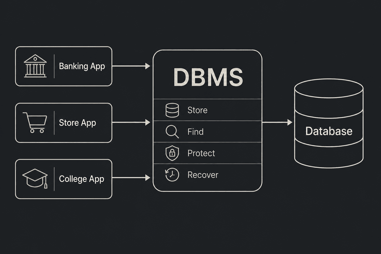 Banking, store, and college applications send requests through a DBMS to one database. The DBMS stores, finds, protects, and recovers data.